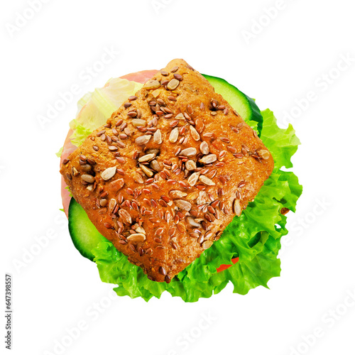 Sandwich with grain bread, ham and vegetables, green salad on a transparent background. Fast food. PNG. View from above.