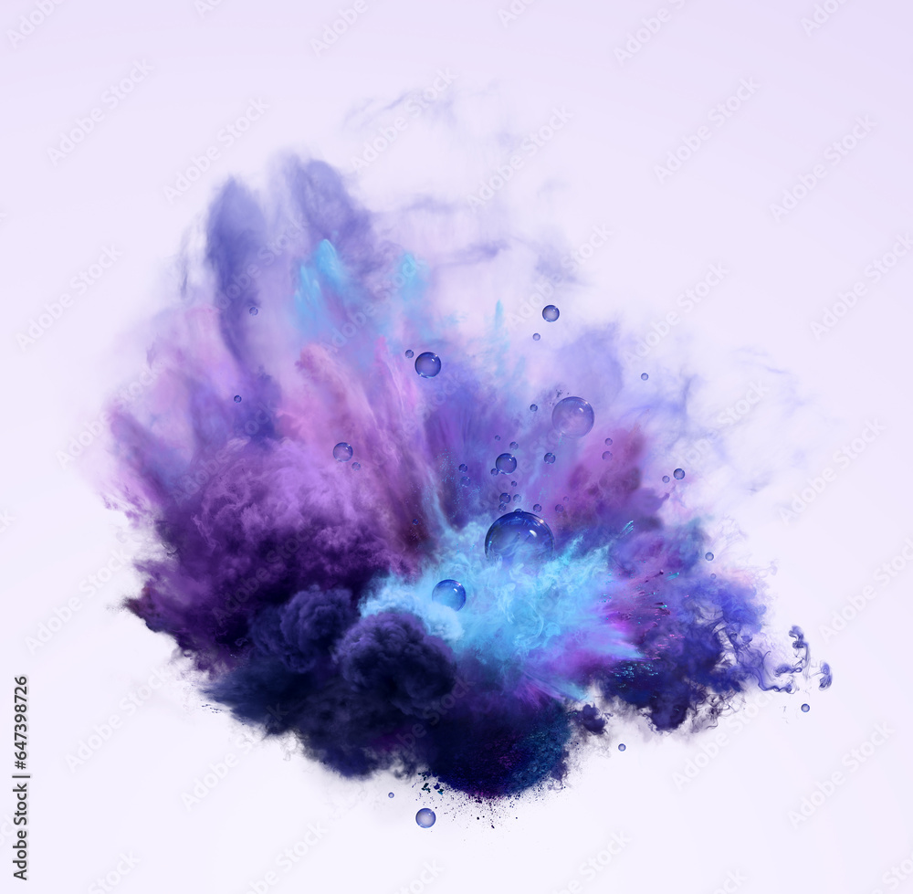 Fototapeta premium Blue, purple and aqua powder explosion and transparent blue bubbles