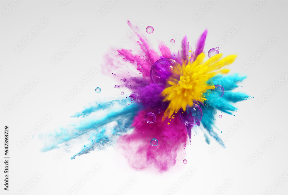 Explosion of yellow, aqua, pink and purple powder and bubbles