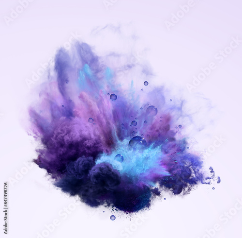 Blue, purple and aqua powder explosion and transparent blue bubbles