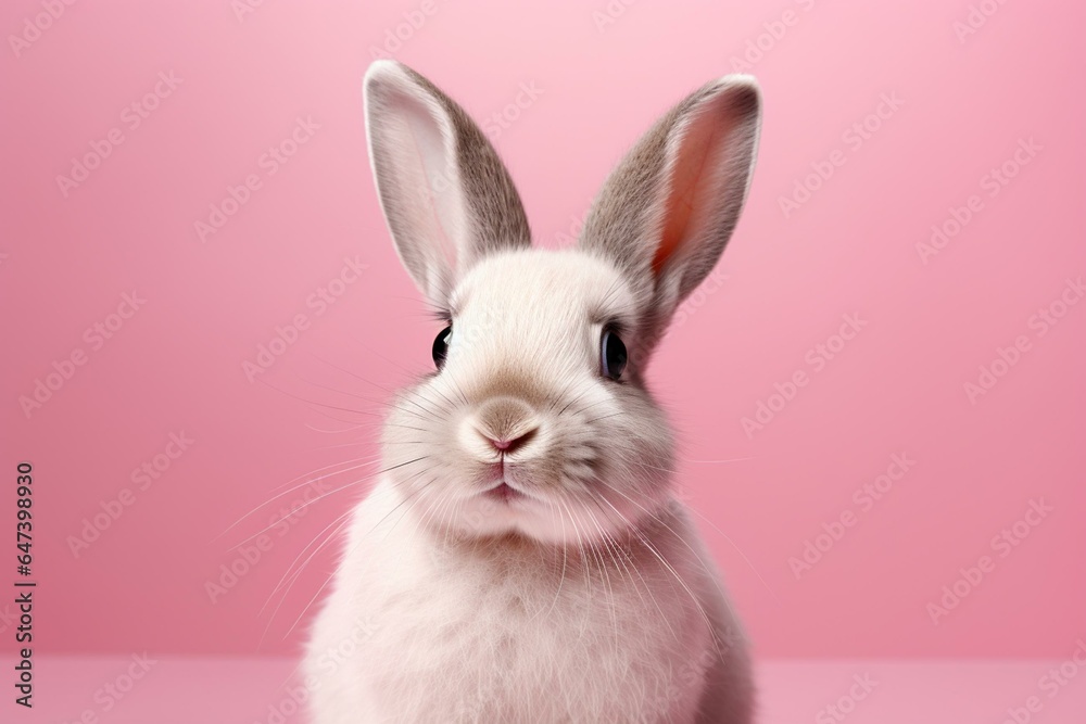 Cute bunny gracefully poses against pink background. Generative AI