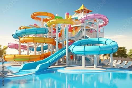 Empty colorful waterslides in resort aquapark with sea view. Water slide with children pool in aqua park, summer fun activity, vacation leisure. Holiday entertainment 3D illustration. Generative AI