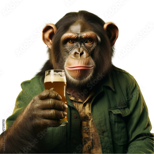 A chimpanzee holding a glass of beer