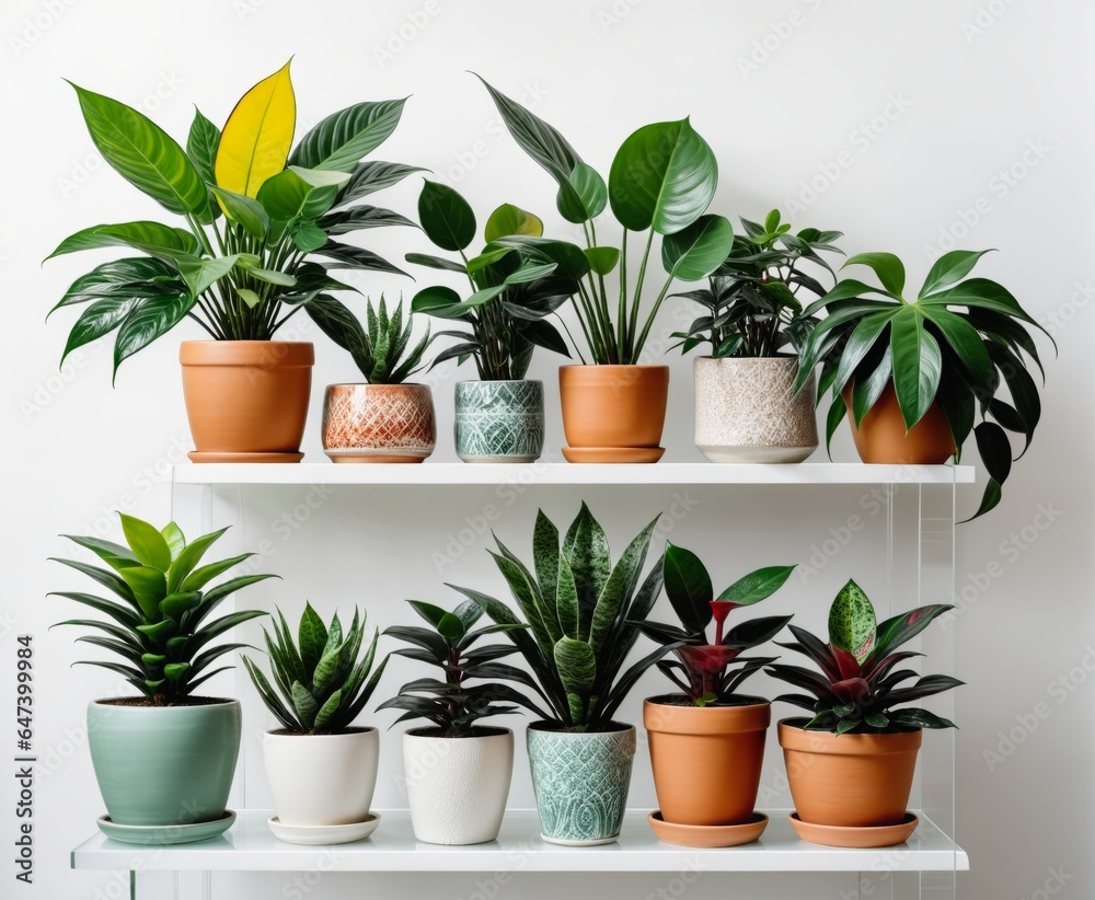 Collection of various houseplants displayed in ceramic pots