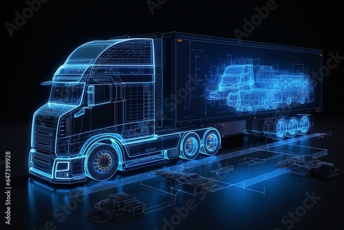 Futuristic holographic illustration of a lorry blueprint showcasing advanced technology for secure premium business finance. Generative AI