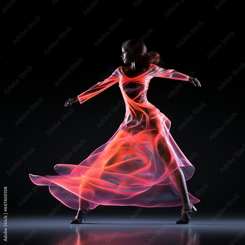 Obraz premium A man dances in hip-hop style surrounded by neon lines. Dance movement, sports style, Bright plain background, banner with copy space