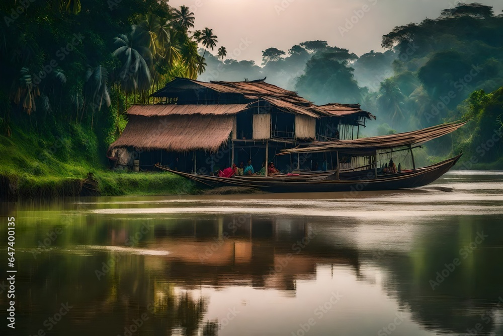 A vibrant Bangladeshi riverbank scene, with a traditional broken house nestled in the lush greenery, with a boat in the river - AI Generative A vibrant Bangladeshi riverbank scene, with a traditional broken house nestled in the lush greenery, with a boat in the river - AI Generative