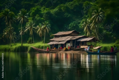 A vibrant Bangladeshi riverbank scene, with a traditional broken house nestled in the lush greenery, with a boat in the river - AI Generative © Being Imaginative