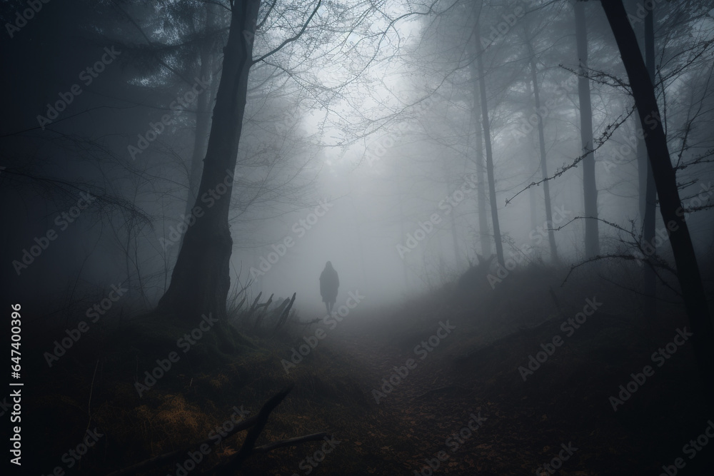 Horror, fantasy, mystery and landscape concept. Dark human silhouette standing in dark forest. Dense forest covered with mist or fog. Dark tree trunks in background. Late evening time. Generative AI