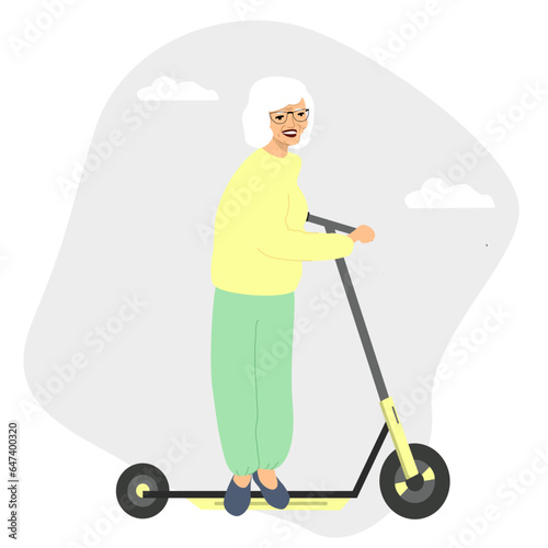 Elderly woman riding an electric scooter. Happy active senior character. Flat vector illustration