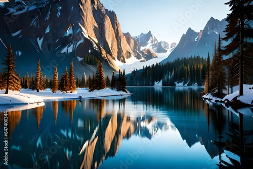 Generate a hyper-realistic depiction of a tranquil lake surrounded by snow-capped mountains. The reflections on the mirror-like water surface should be impeccable, and the details on the distant peaks © dreak