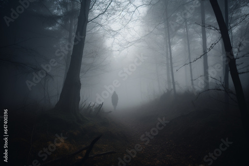 Horror, fantasy, mystery and landscape concept. Dark human silhouette standing in dark forest. Dense forest covered with mist or fog. Dark tree trunks in background. Late evening time. Generative AI
