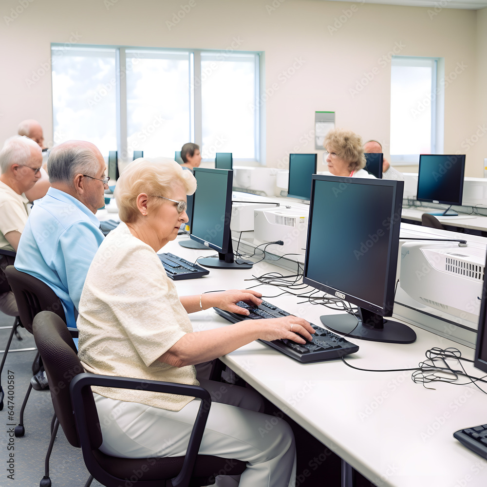 a group of older adults taking a computer class at a community center. a group of older adults taking a computer class at a community center.