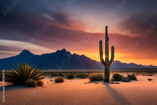 Craft an 8K image of a surreal desert landscape at twilight, featuring a solitary saguaro cactus towering against a vivid, post-processed sky. The details in the cactus and the surrounding dunes shoul
