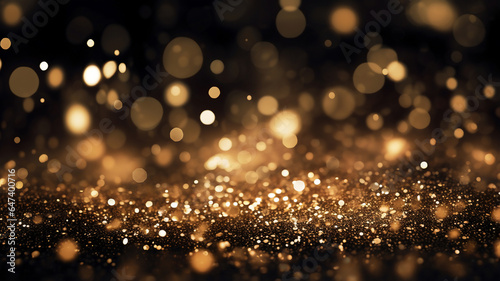 abstract black background with golden light bokeh and golden glitter sparkle