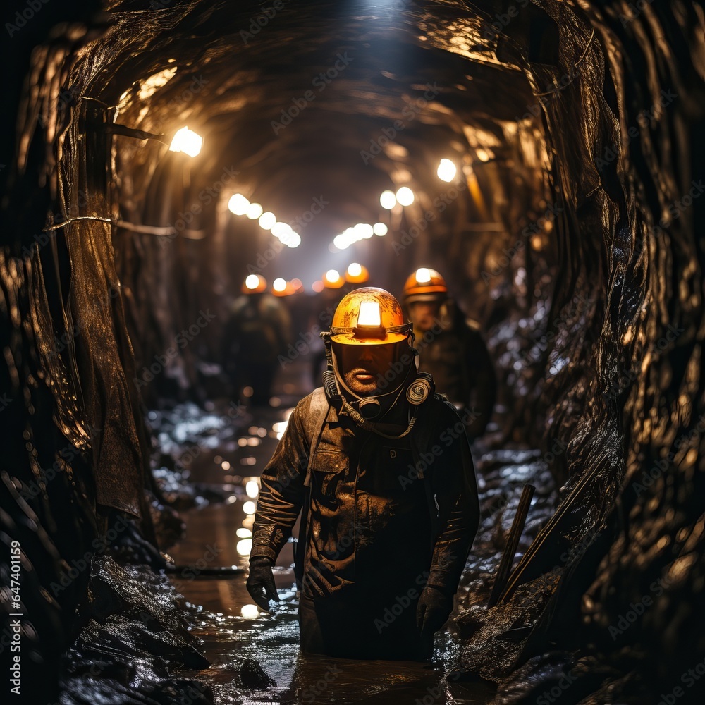 Obraz premium Male miner in a coal mine. Back view, industrial environment, underground mining