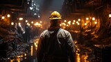 Male miner in a coal mine. Back view, industrial environment, underground mining
