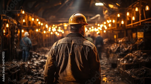 Male miner in a coal mine. Back view, industrial environment, underground mining 