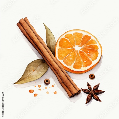 orange and spices watercolor clip art isolated on white background