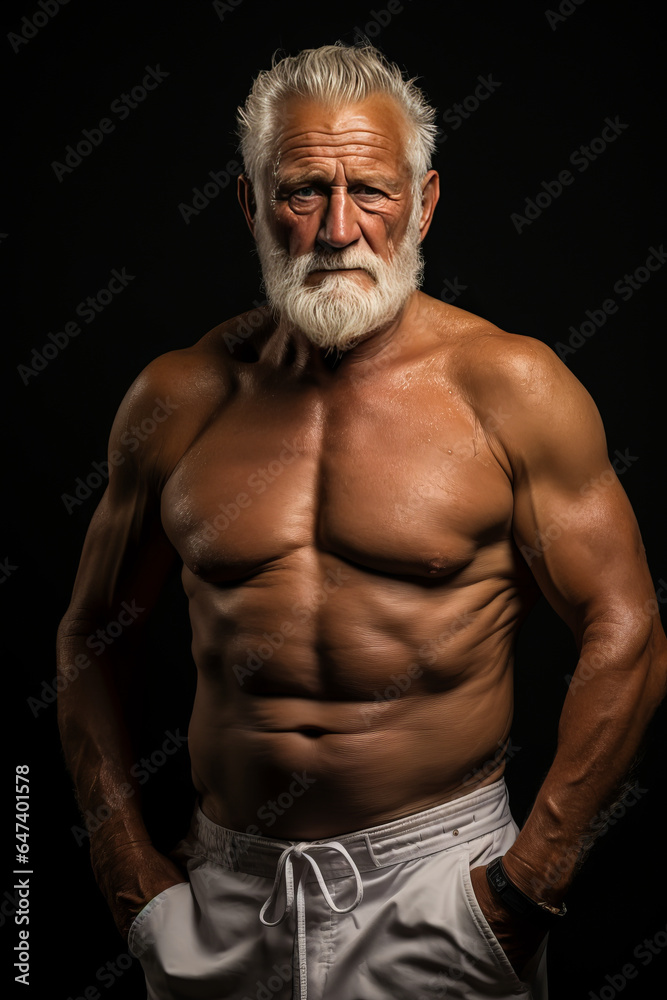 Fototapeta premium Dynamic senior man, 60-years old, boasting a fit muscular physique. Posing confidently with hands in pockets.