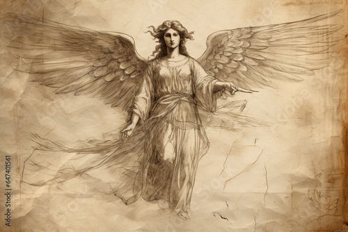 Culture and religious concept. Paper pencil or charcoal sketch of an angel on yellow aged and grunge paper. Beautiful woman portrait with wings. Generative AI
