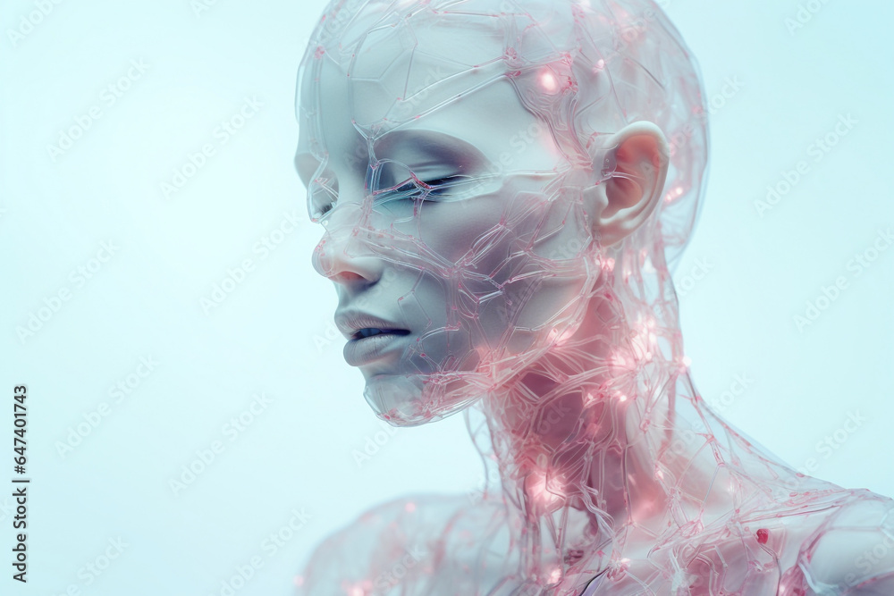 Beauty, make-up and fashion concept. Futuristic and minimalist close-up beautiful woman portrait. Bright model face with sci-fi transparent material on it. Generative AI