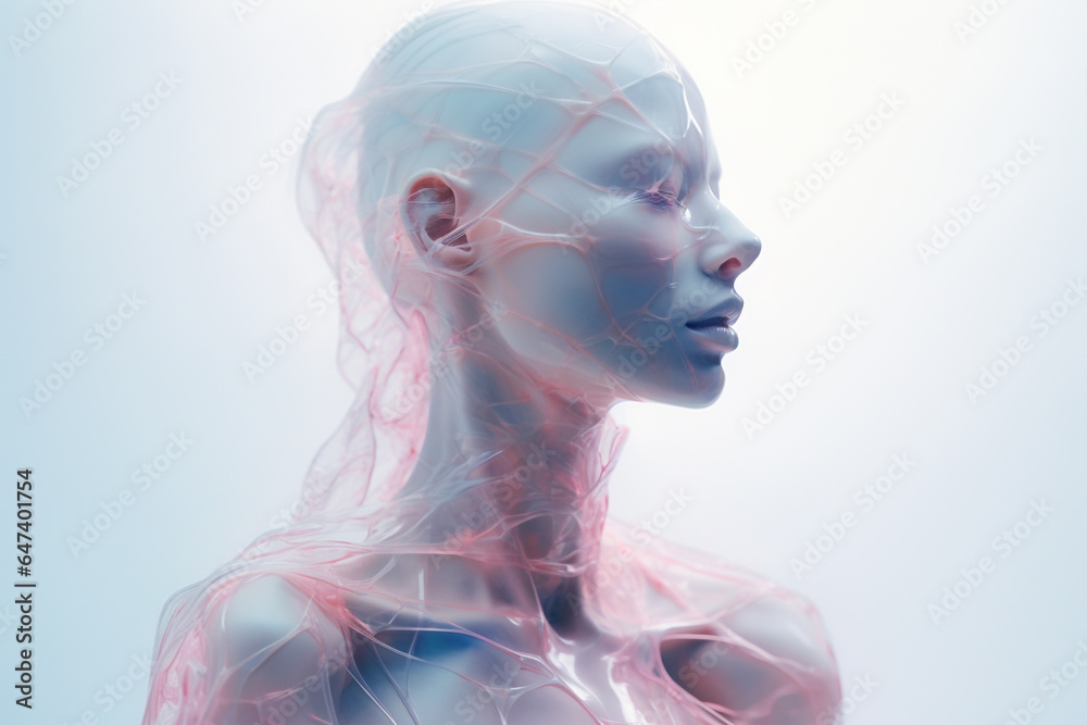 Beauty, make-up and fashion concept. Futuristic and minimalist close-up beautiful woman portrait. Bright model face with sci-fi transparent material on it. Generative AI Beauty, make-up and fashion concept. Futuristic and minimalist close-up beautiful woman portrait. Bright model face with sci-fi transparent material on it. Generative AI