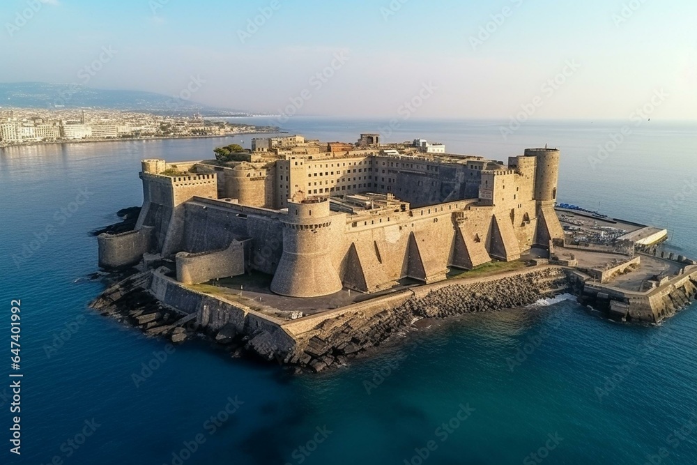 Aerial view of medieval castle on seafront in historic center of Naples, Italy. Royal seat for kings of Naples and Aragon. Generative AI
