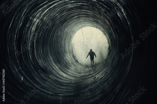 States of mind, psychology, horror concept. Dark human silhouette walking in black surreal vortex corridor or tunnel painted with pencil or charcoal. Melancholy and sadness mood. Generative AI