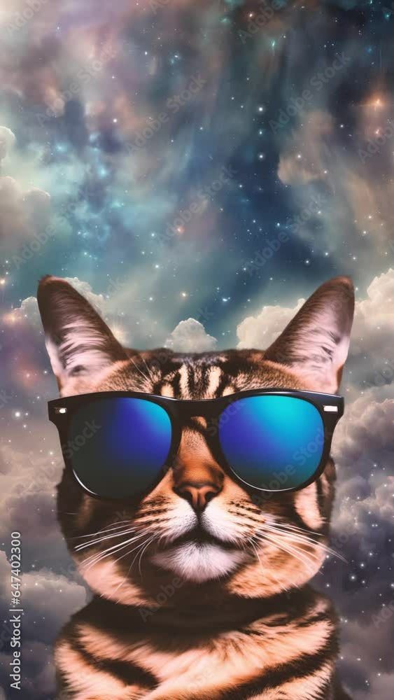 Cool tabby cat in sunglasses posing against a sparkling nebula space background. Vertical video. Cool tabby cat in sunglasses posing against a sparkling nebula space background. Vertical video.