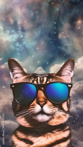 Cool tabby cat in sunglasses posing against a sparkling nebula space background. Vertical video.