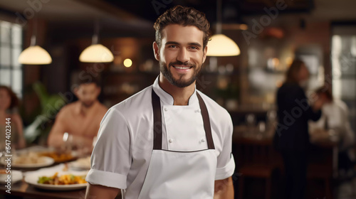 portrait of a chef with a blurry kitchen background