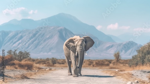 Elephant with mountain background in National Park © MBRAMO