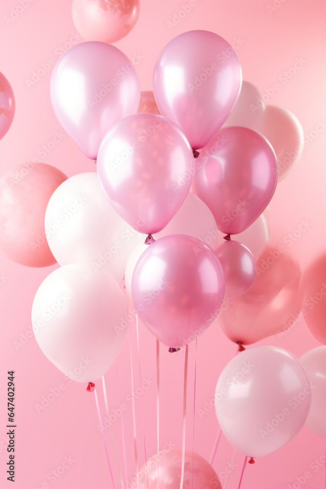 Bunch of pink and white balloons on pastel pink background.