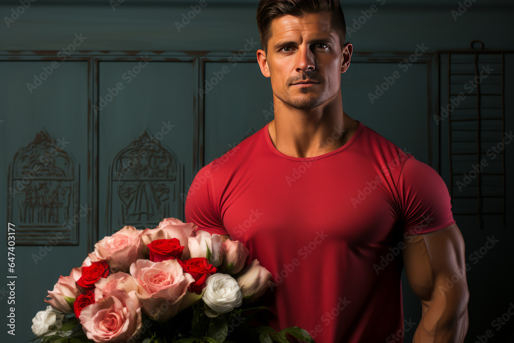 Charming and athletic man showcasing chiseled abs, holding vibrant red roses bouquet against romantic backdrop. Perfect for Valentine's Day or love-themed projects. Charming and athletic man showcasing chiseled abs, holding vibrant red roses bouquet against romantic backdrop. Perfect for Valentine's Day or love-themed projects.