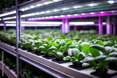 Indoor hydroponics greenhouse cultivation using LED lights. Generative AI