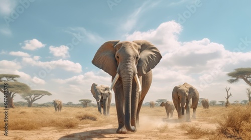 Elephants walk with their companions on the plains against the backdrop of wild nature © MBRAMO