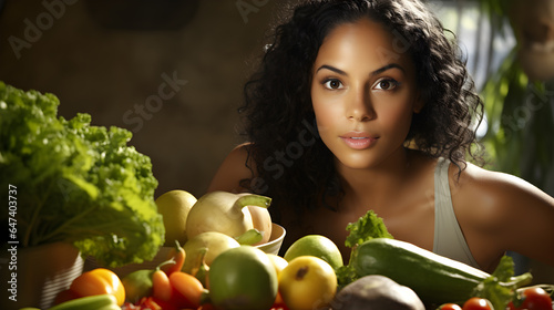 Mujr latina fittnes con alimentos nutriticos, pensativa con comida saludable, buenos habitos y piel bella, guapa mujer mexicana photo