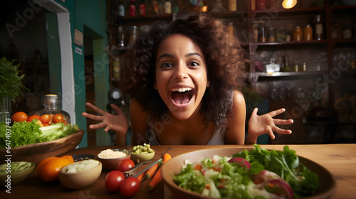 mujer latina feliz con comida saludable  photo
