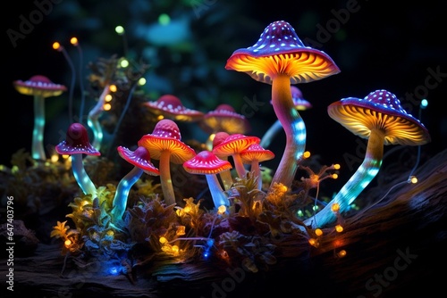 Mushroom glows, mystical forest, psychedelic remedy, decorative fungus - art. Generative AI