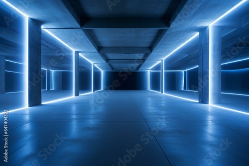 Futuristic illuminated cement warehouse featuring a white and blue LED-lit corridor, concrete floor, and underground showroom. Generative AI