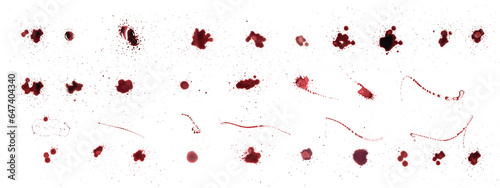 Set of blood drops. Blood stains. Red puddles isolated on transparent background. Halloween decorations