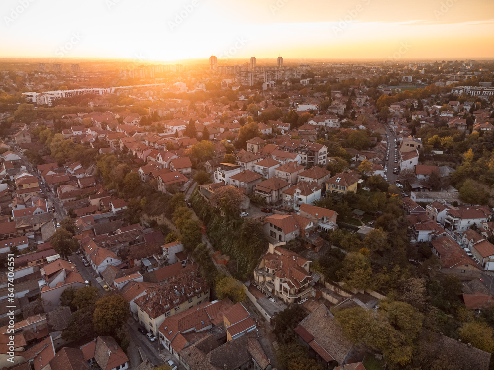 Drone view of sunset above Zemum district, Belgrade, Serbia, Europe. 4K