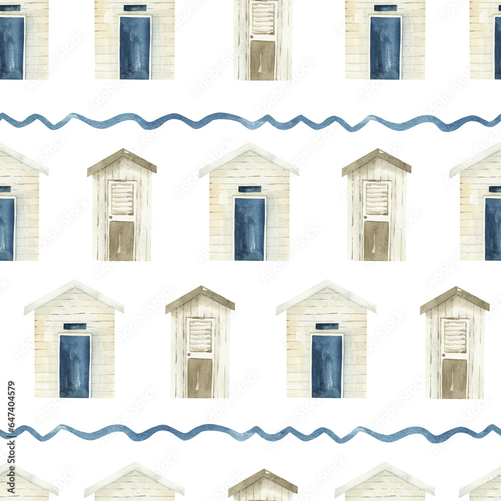 Watercolor Beach Huts Seamless Pattern: Coastal Charm in Blue and Beige Tones, Wave Stripes Nautical Print Watercolor Beach Huts Seamless Pattern: Coastal Charm in Blue and Beige Tones, Wave Stripes Nautical Print