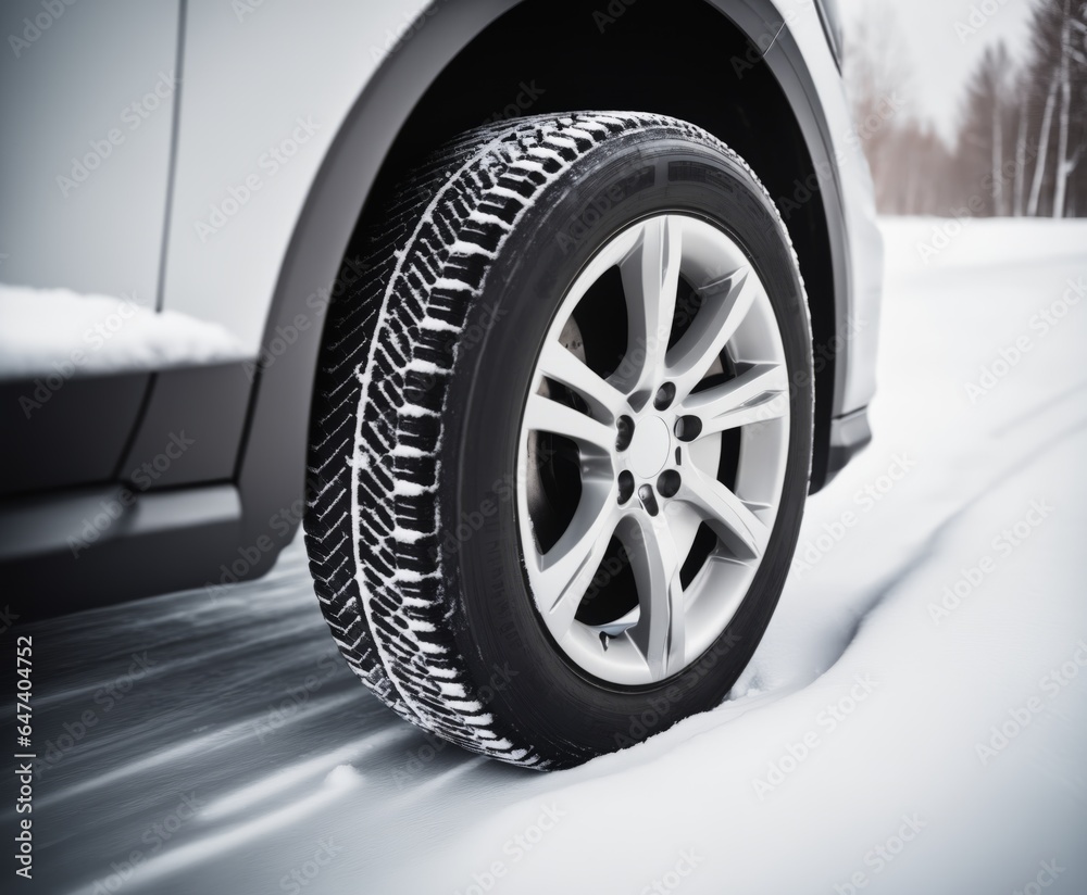 Winter tire. Car on snow road. 