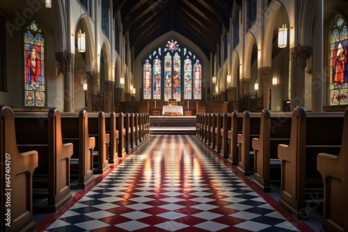Inside of a Church: A Serene View of Aisles, Stained Glass Windows, and Prayer at the Altar. Ideal for Catholic, Cathedral, and Chapel Themes