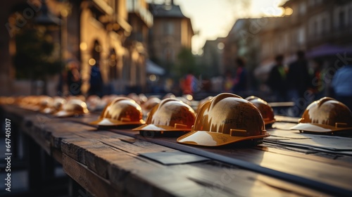 Engineer or architect equipment at construction site at sunset with tablet