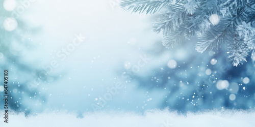 Christmas tree with snow background and Christmas decorations with snow, blurred, sparking, glowing. Happy New Year and Xmas theme