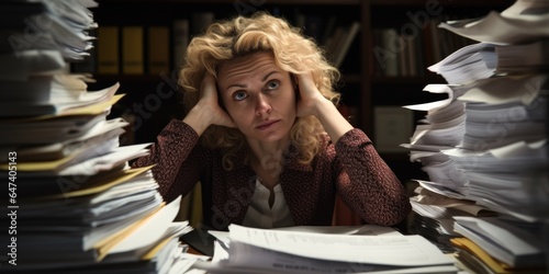 Businesswoman sitting and working hard at with front of computer and lots of documents on the desk in workplace at late with serious action, Work hard and too late concept. generative ai