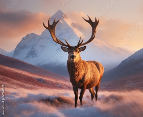 red deer stag in Beautiful Alpen Glow hitting mountain peaks in Scottish Highlands during stunning Winter landscape sunrise © Universeal
